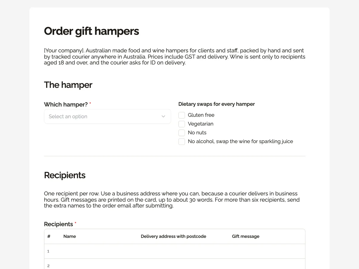 The Gift hamper order template as a respondent sees it, top of the form
