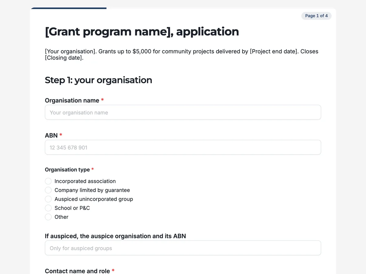 The Grant application template as a respondent sees it, top of the form