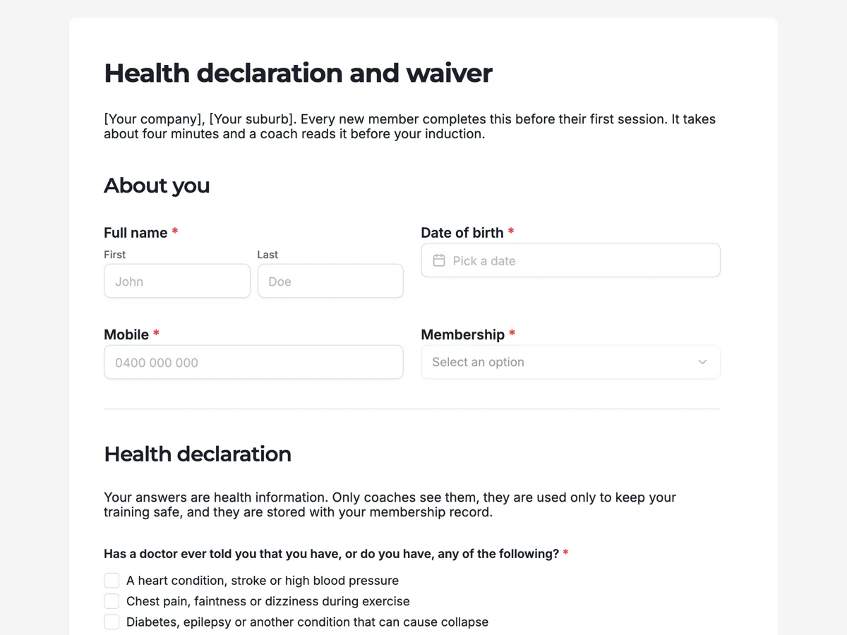 The Gym waiver and health declaration template as a respondent sees it, top of the form
