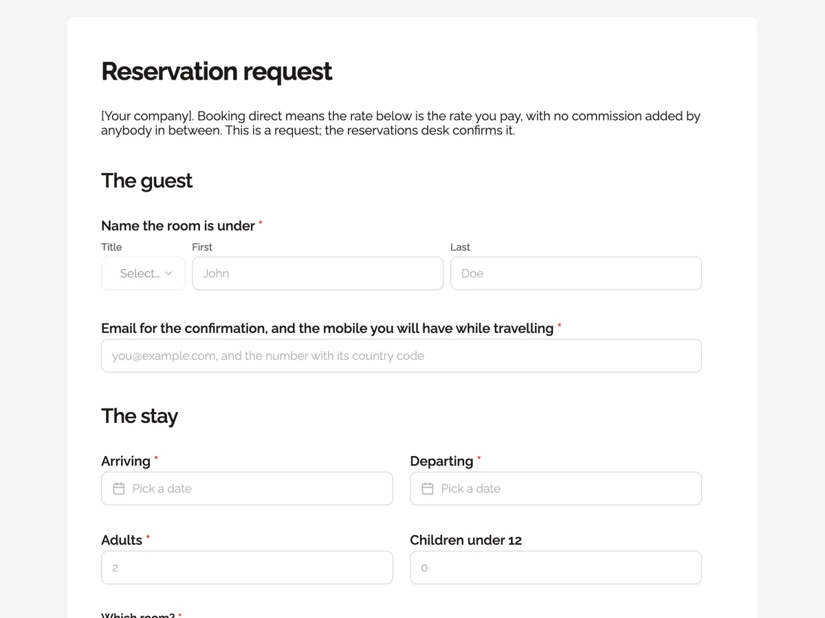 The Room reservation request template as a respondent sees it, top of the form