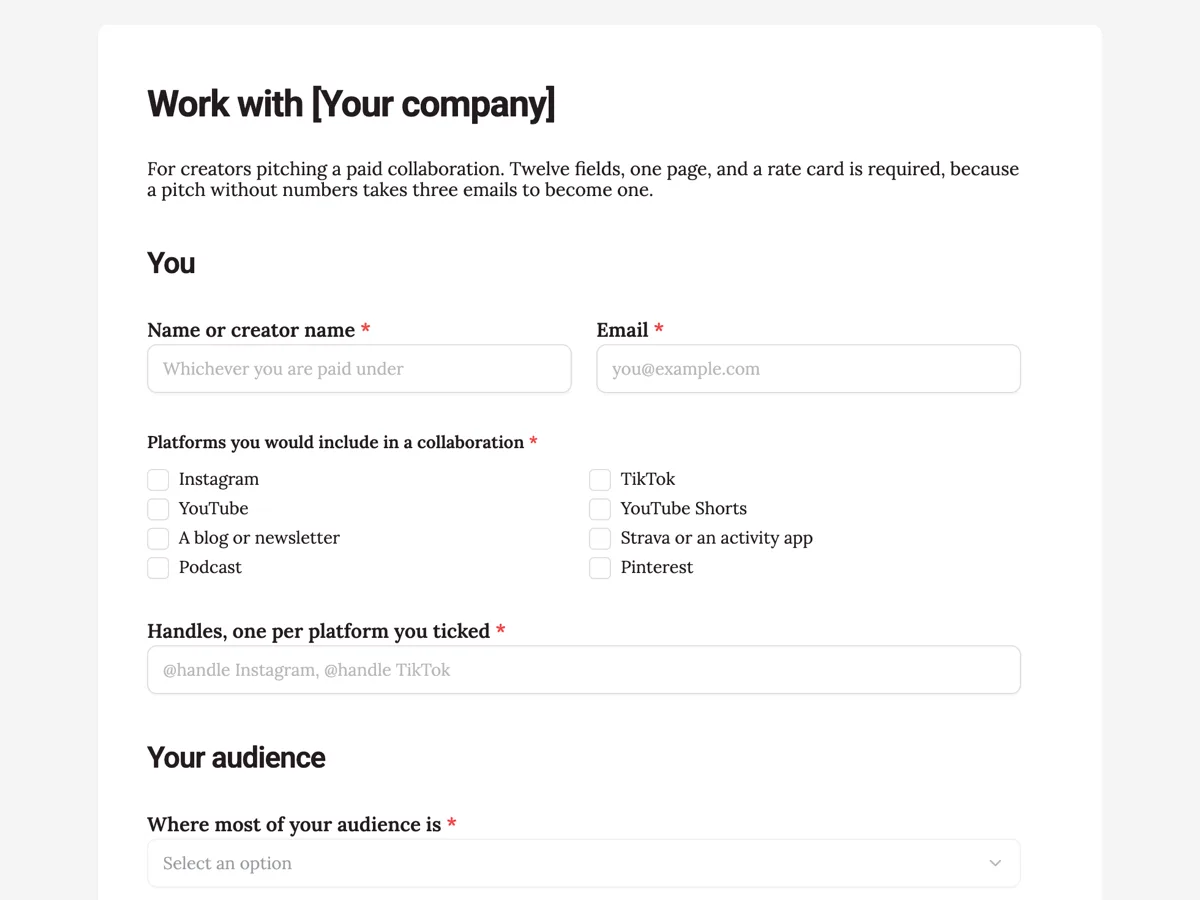 The Creator collaboration enquiry template as a respondent sees it, top of the form