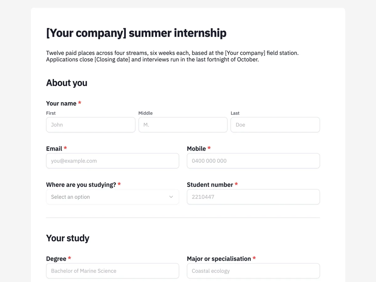 The Internship application template as a respondent sees it, top of the form