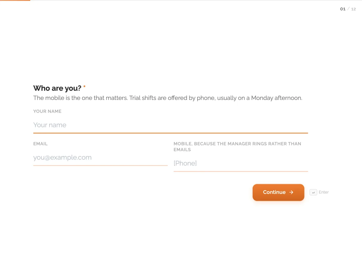 The Casual job application template as a respondent sees it, first question
