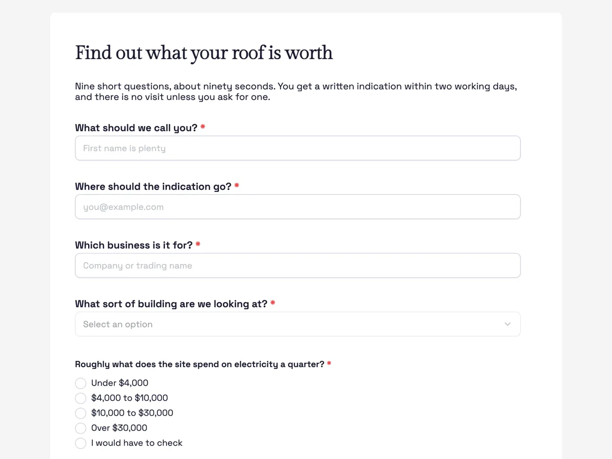 The Lead capture form template as a respondent sees it, top of the form
