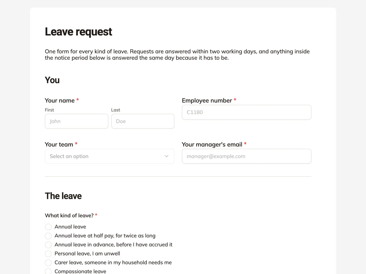 The Leave request template as a respondent sees it, top of the form