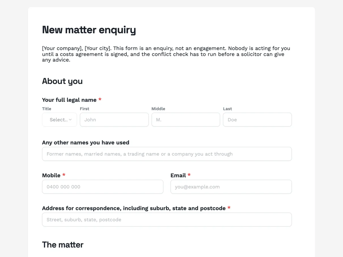 The Legal client intake template as a respondent sees it, top of the form
