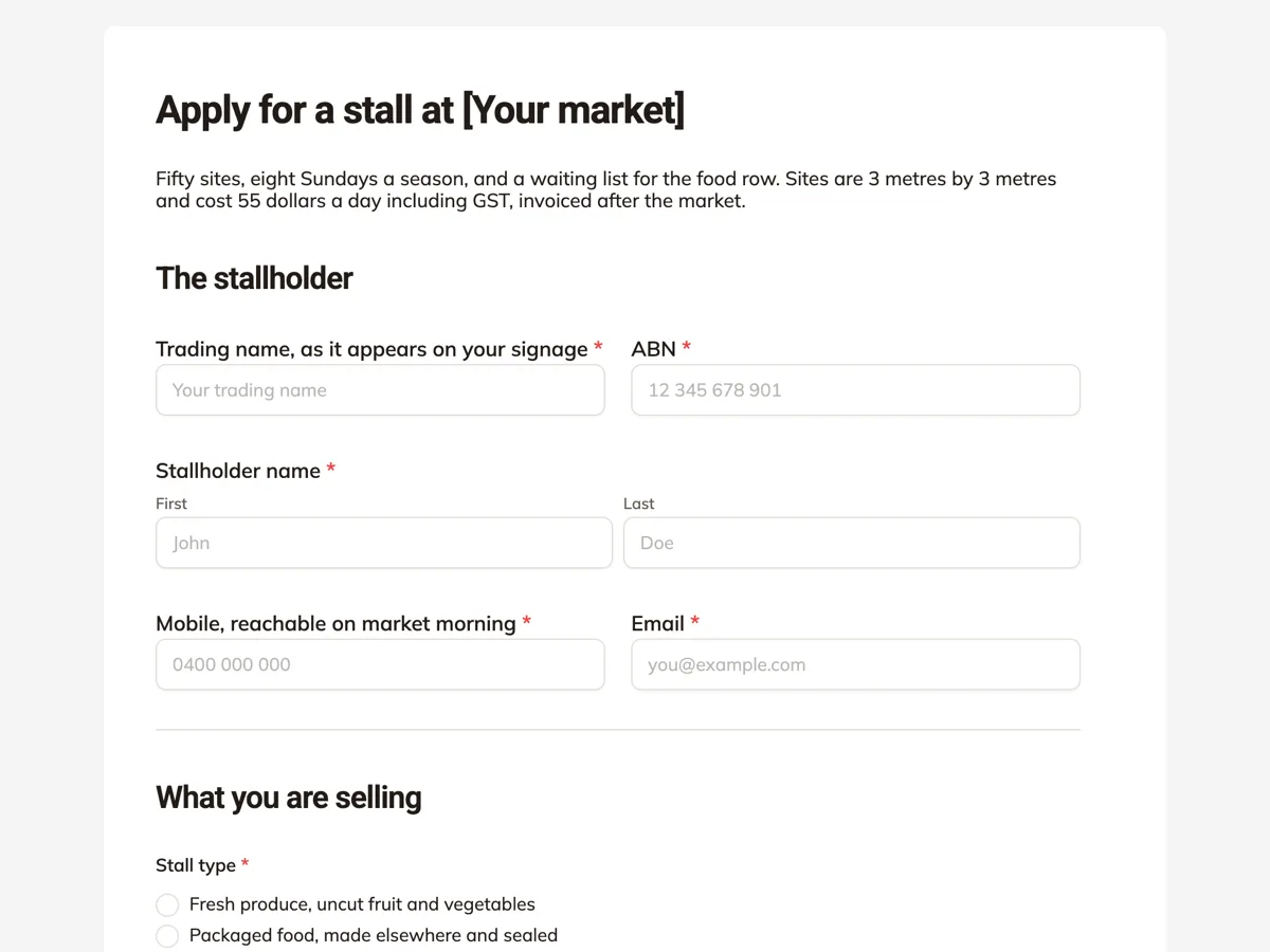 The Market stall application template as a respondent sees it, top of the form