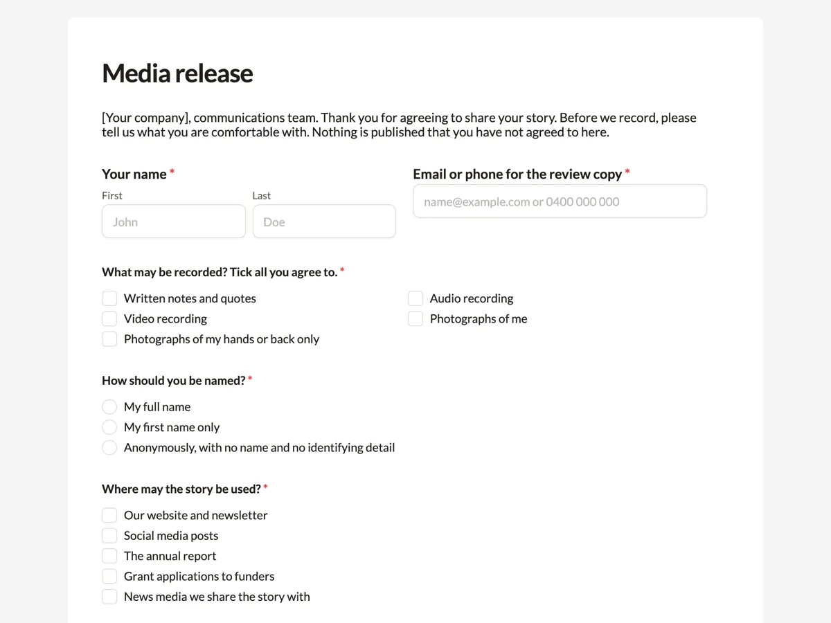 The Media release template as a respondent sees it, top of the form