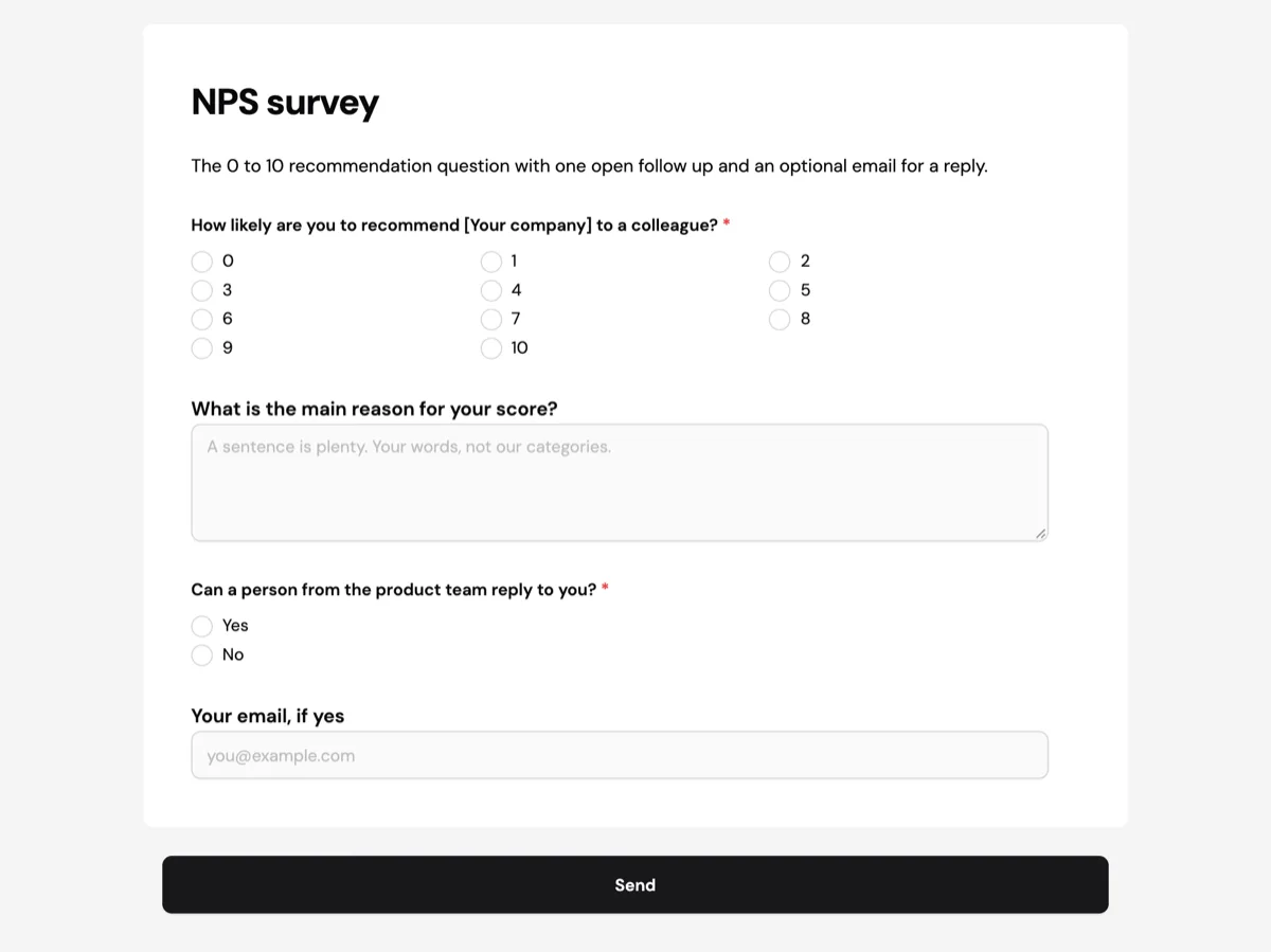 The NPS survey template as a respondent sees it, top of the form