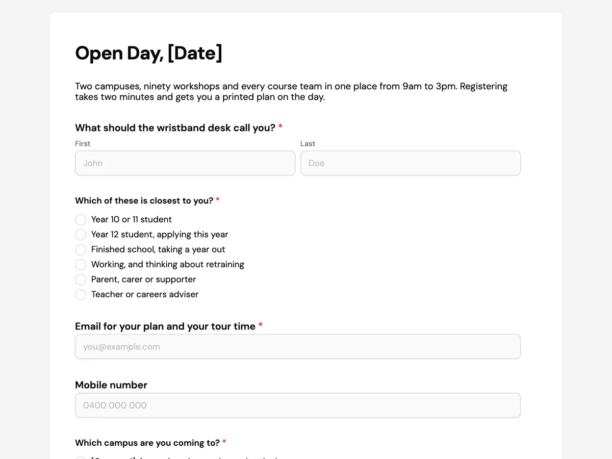 The Open day registration template as a respondent sees it, top of the form