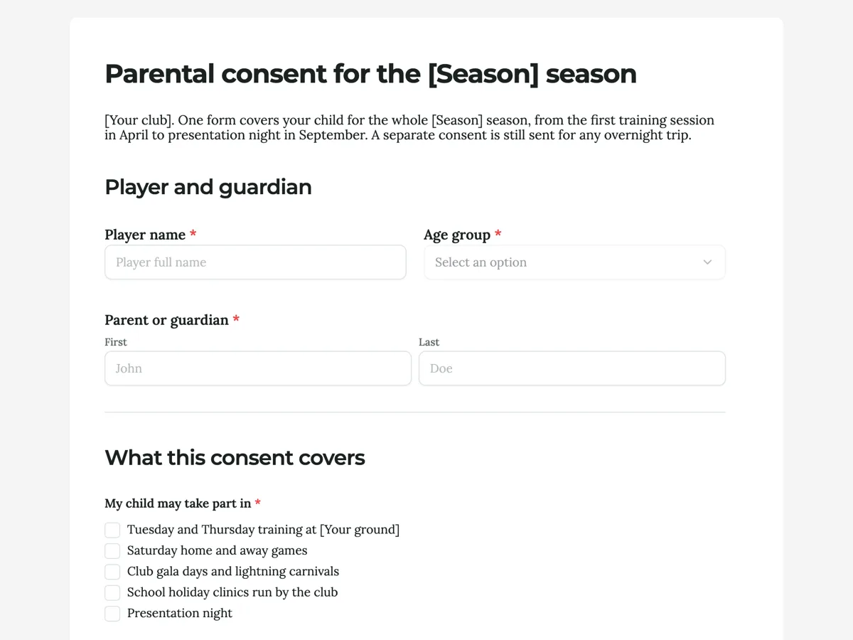 The Parental consent for a season template as a respondent sees it, top of the form