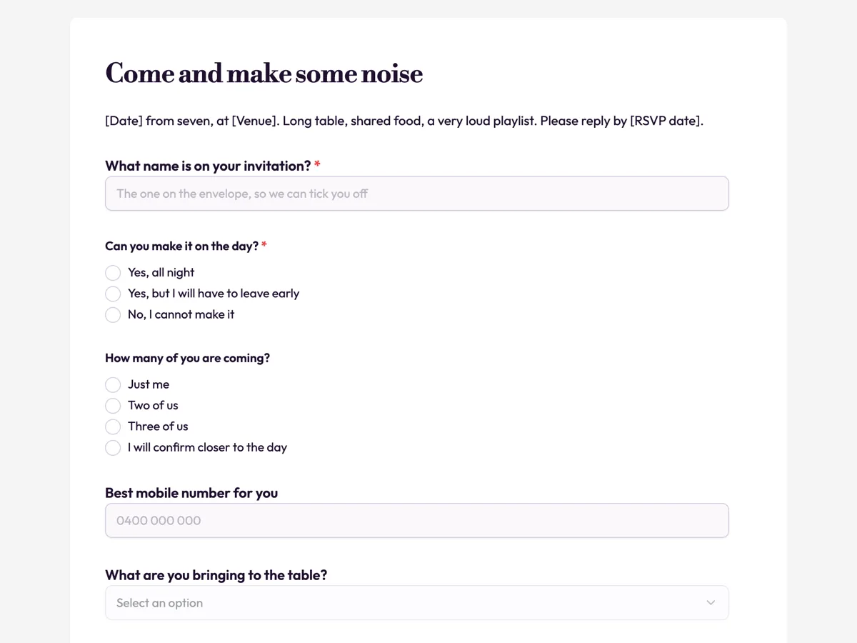 The Party RSVP template as a respondent sees it, top of the form