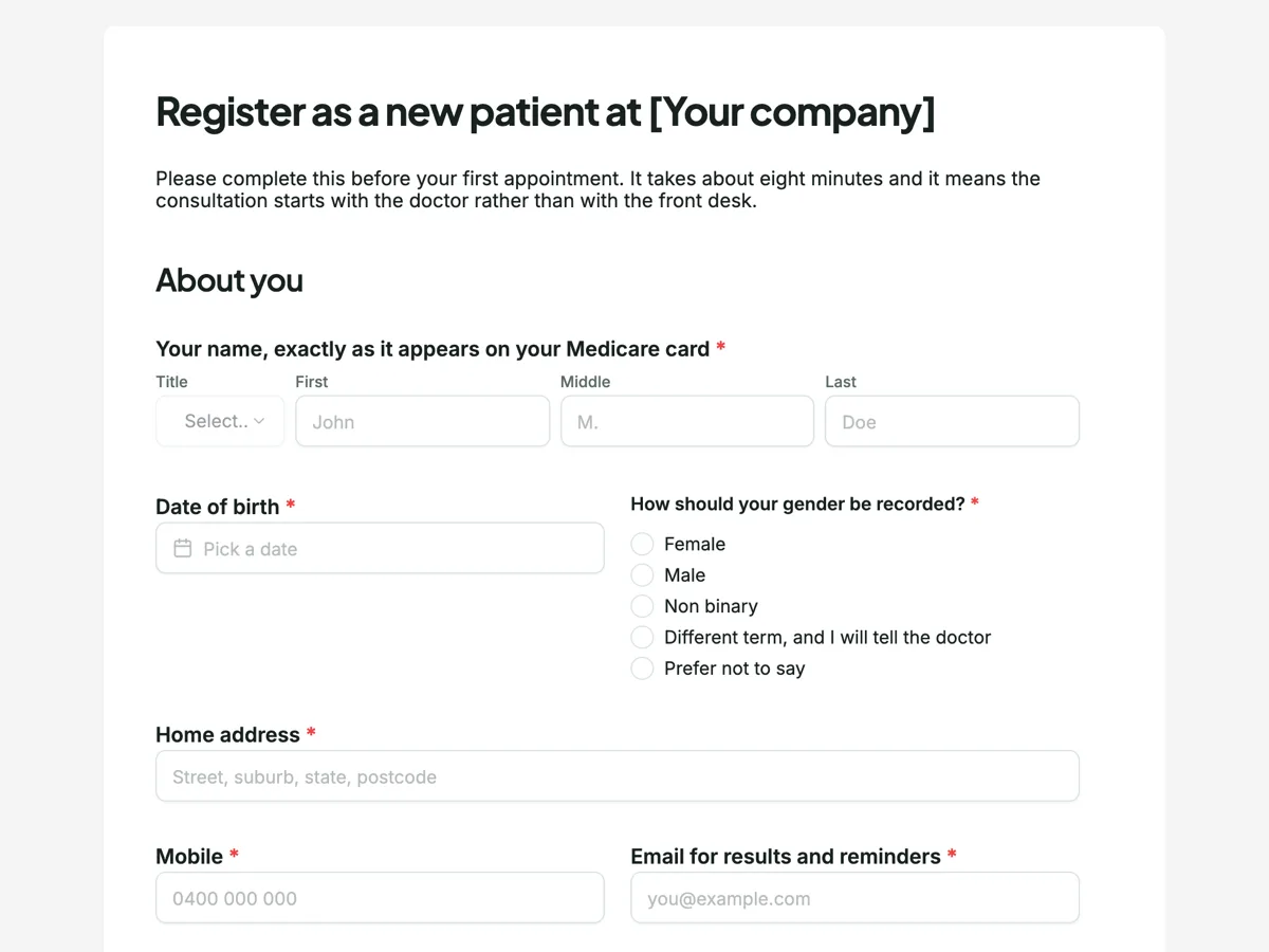 The New patient registration template as a respondent sees it, top of the form