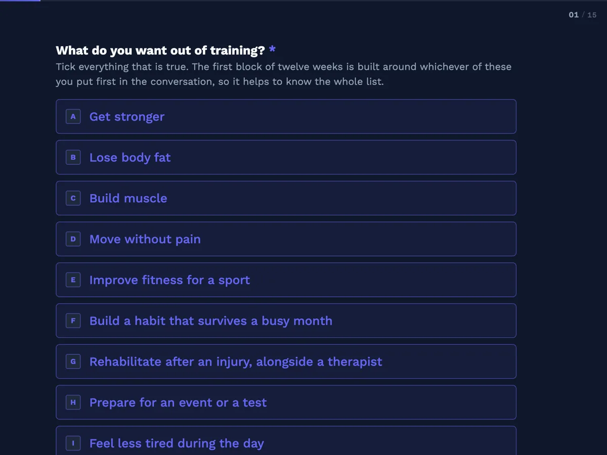 The Personal training intake template as a respondent sees it, first question