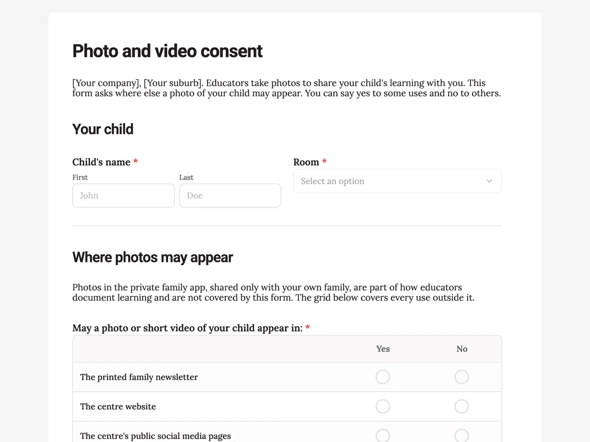The Photo and video consent template as a respondent sees it, top of the form