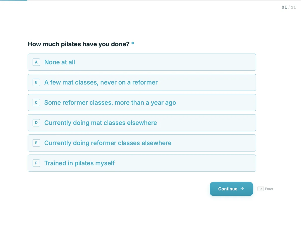 The Pilates intake template as a respondent sees it, first question