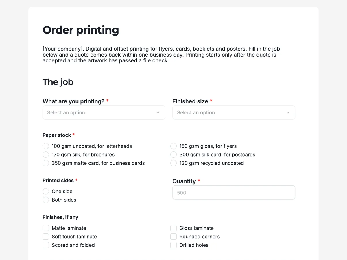 The Print order template as a respondent sees it, top of the form