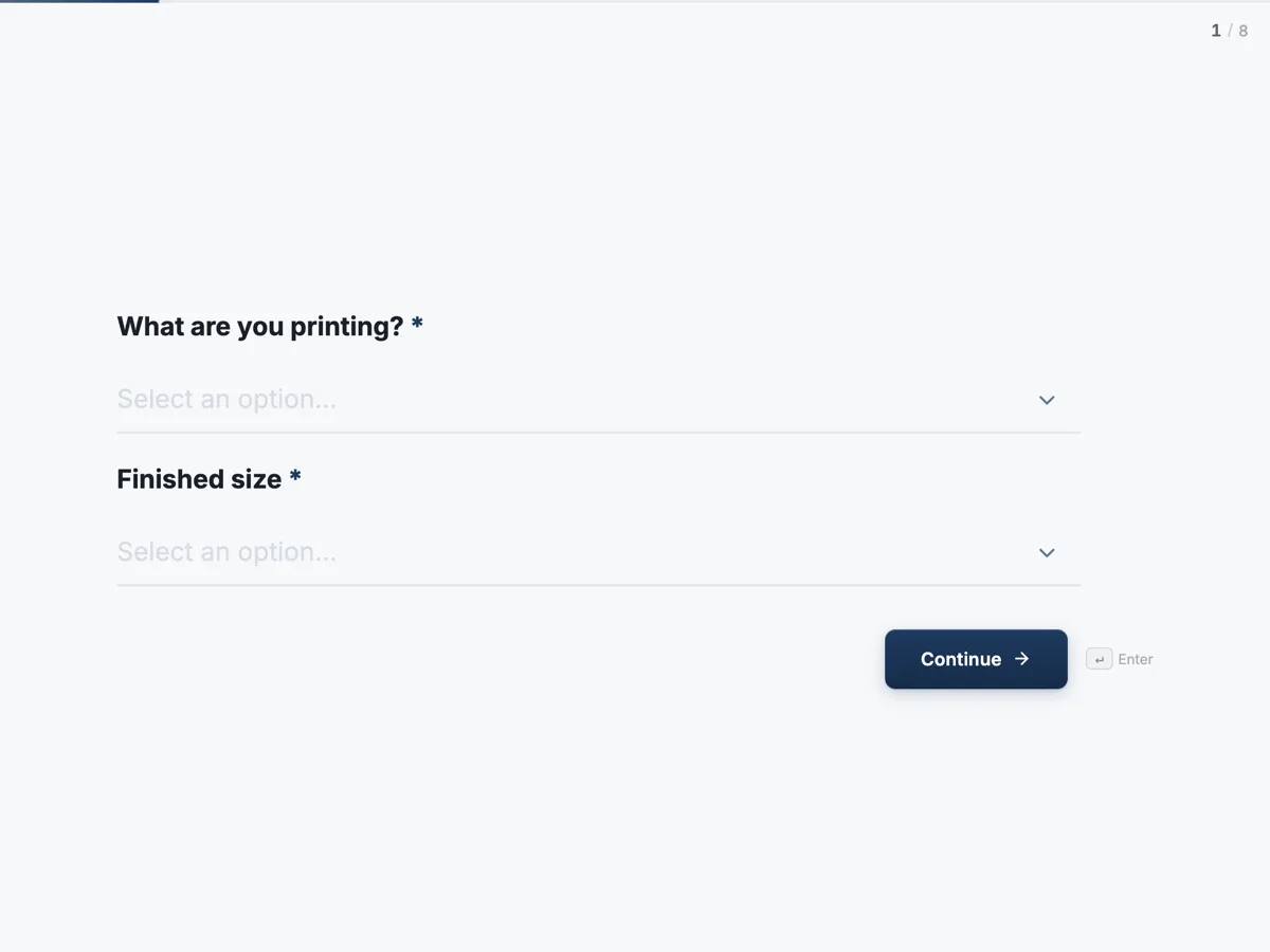 The Print order template as a respondent sees it, first question