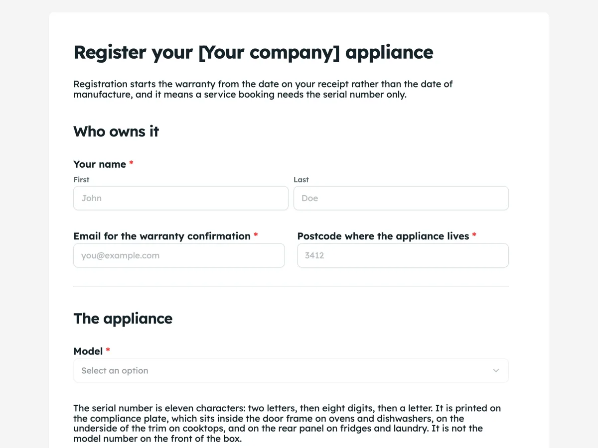 The Product registration template as a respondent sees it, top of the form