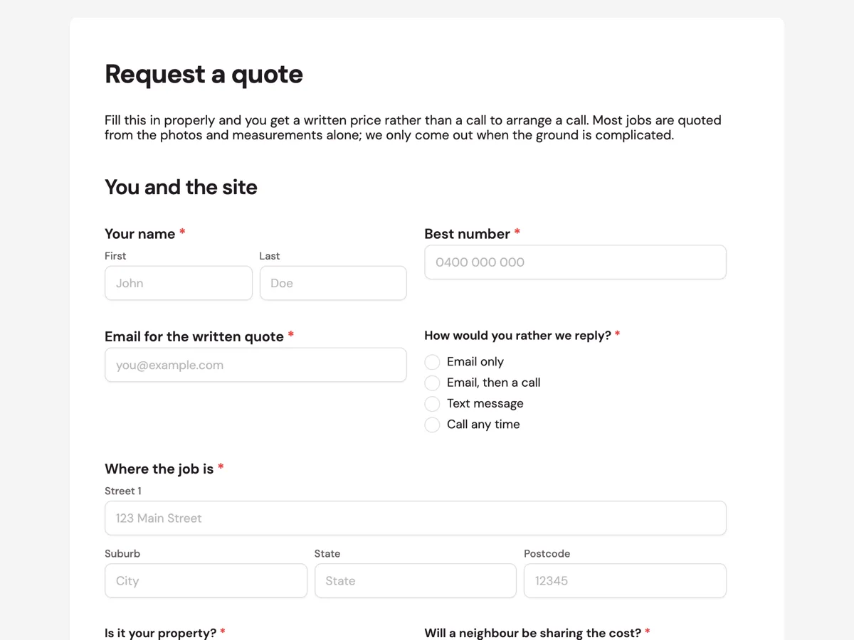 The Quote request template as a respondent sees it, top of the form