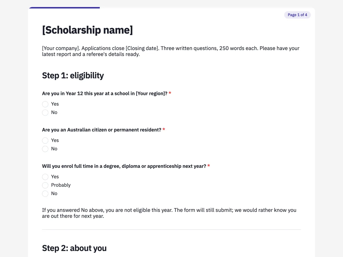 The Scholarship application template as a respondent sees it, top of the form