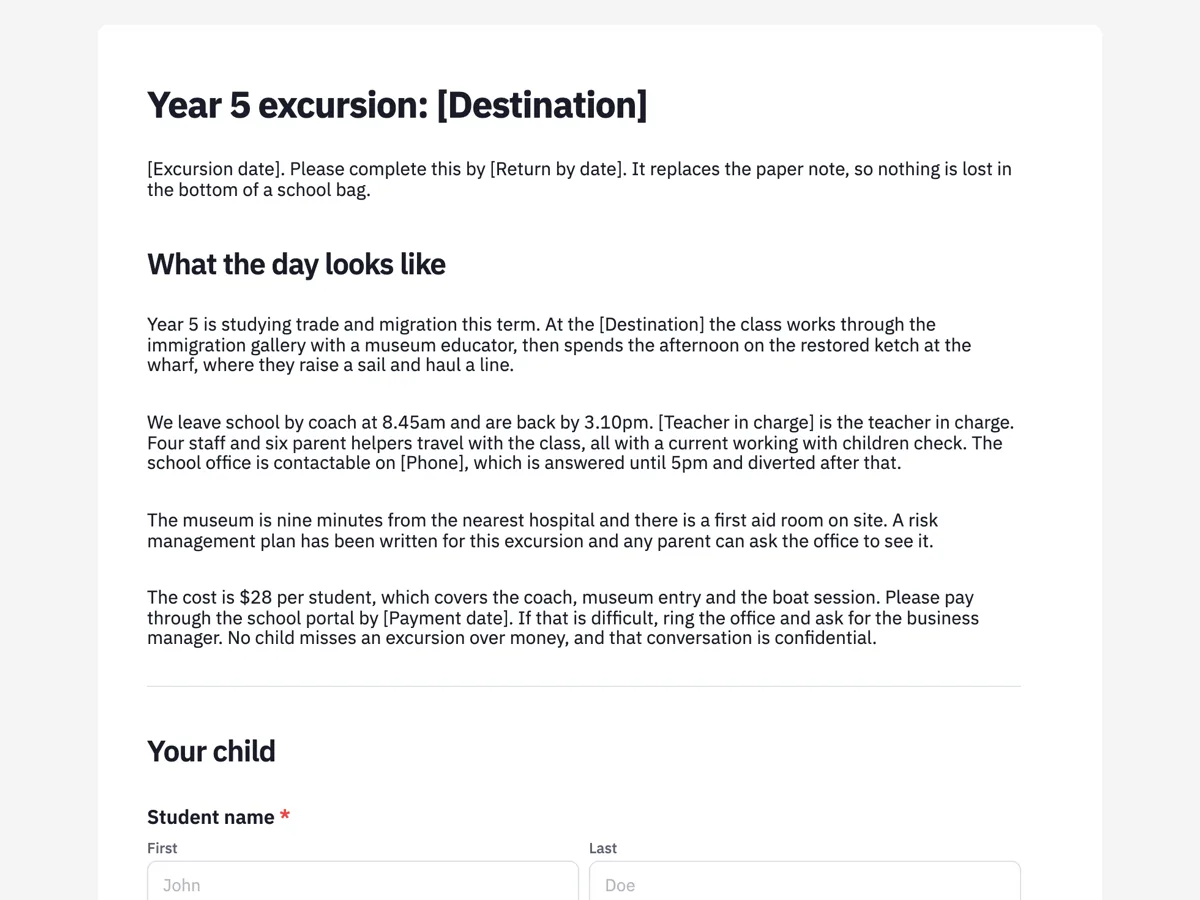 The School excursion consent template as a respondent sees it, top of the form
