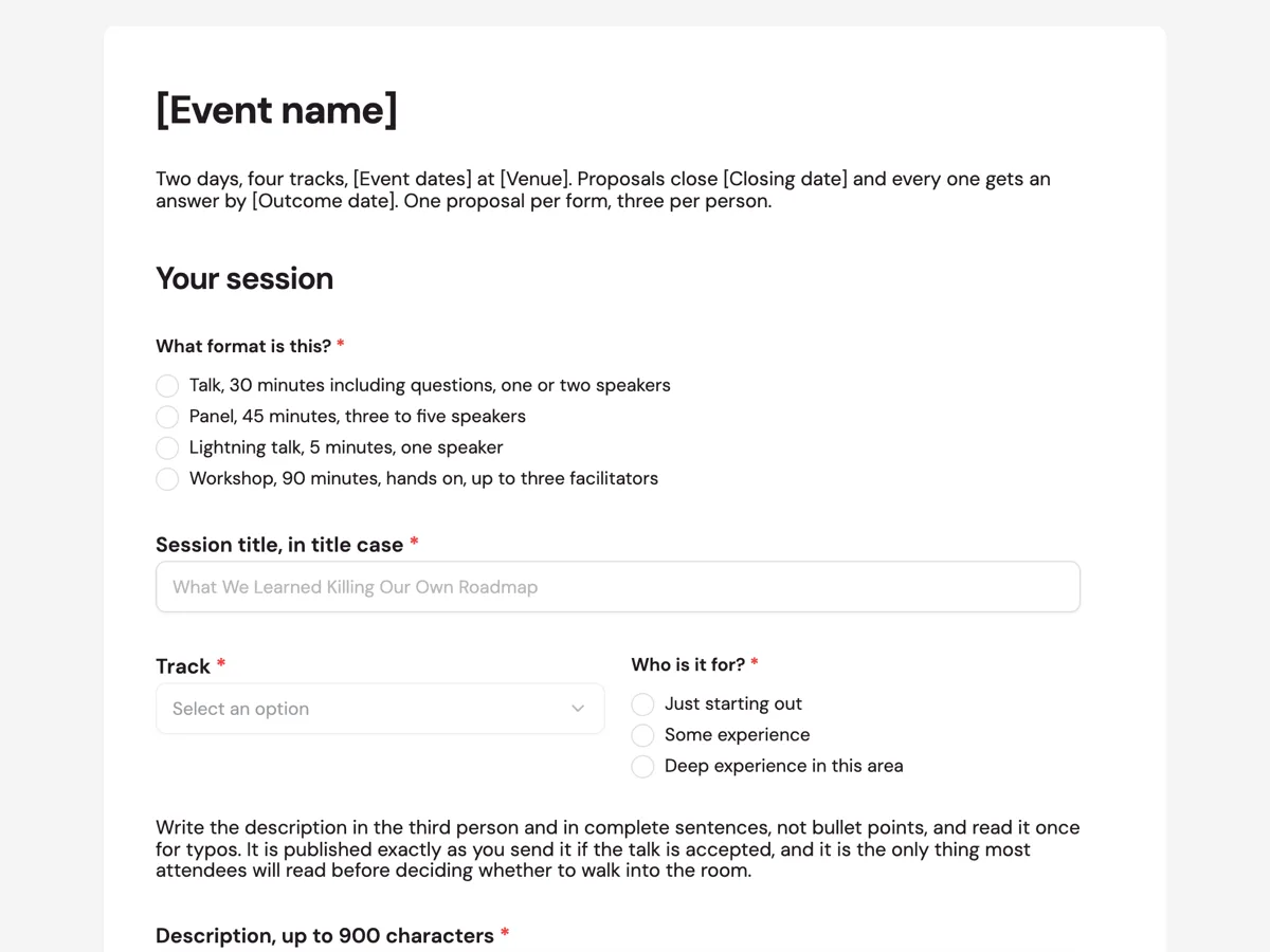The Call for speakers template as a respondent sees it, top of the form