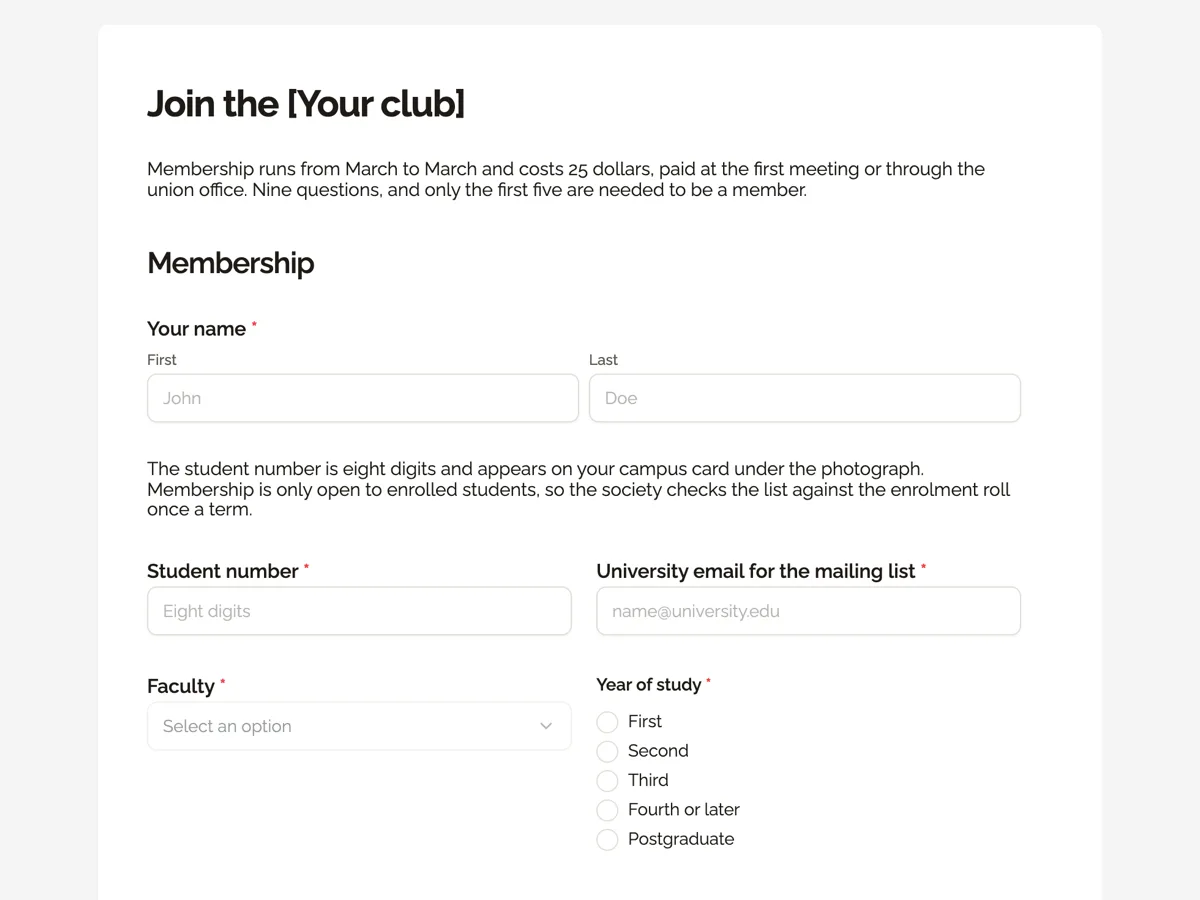 The Student club registration template as a respondent sees it, top of the form
