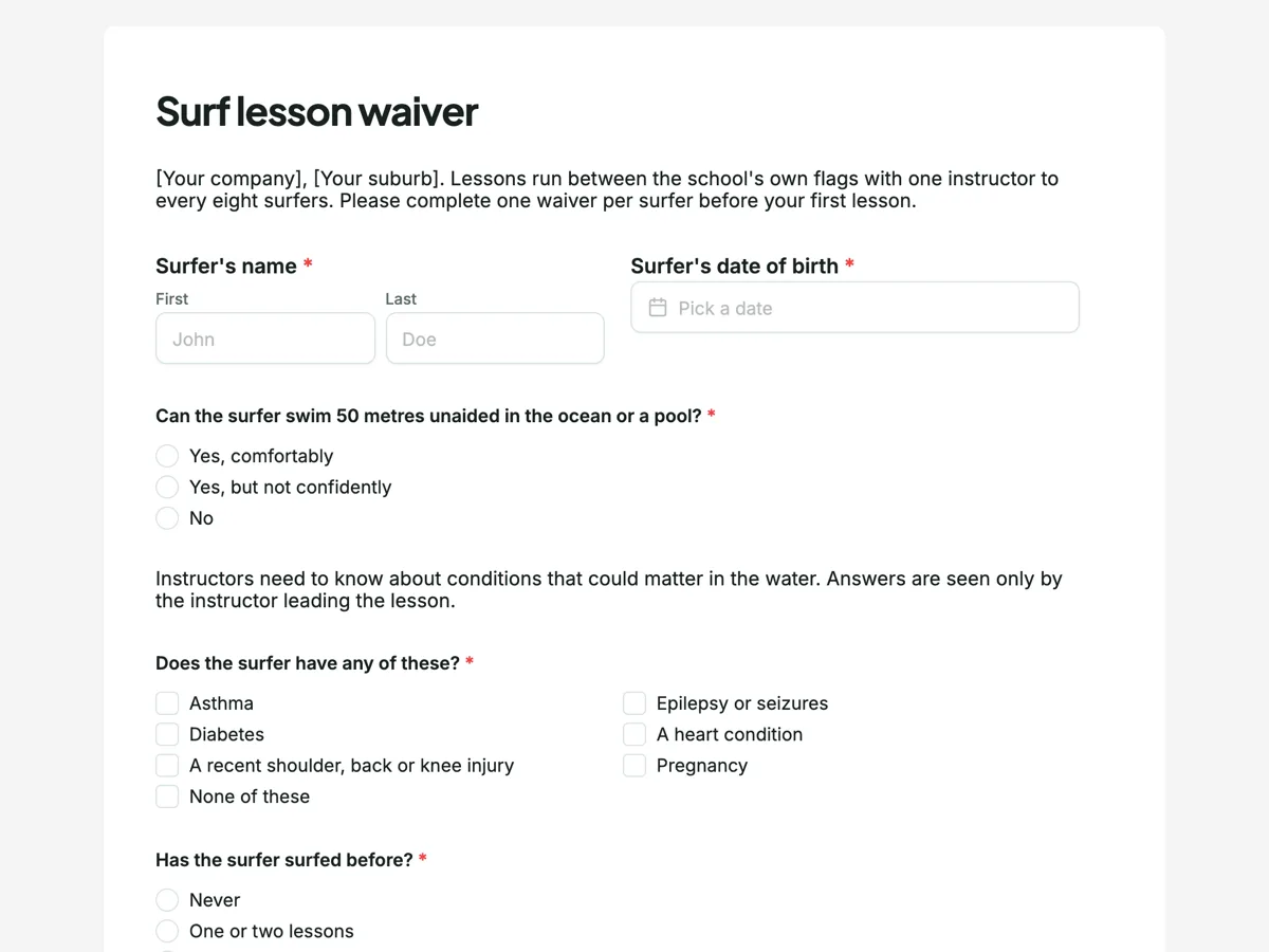The Activity waiver template as a respondent sees it, top of the form