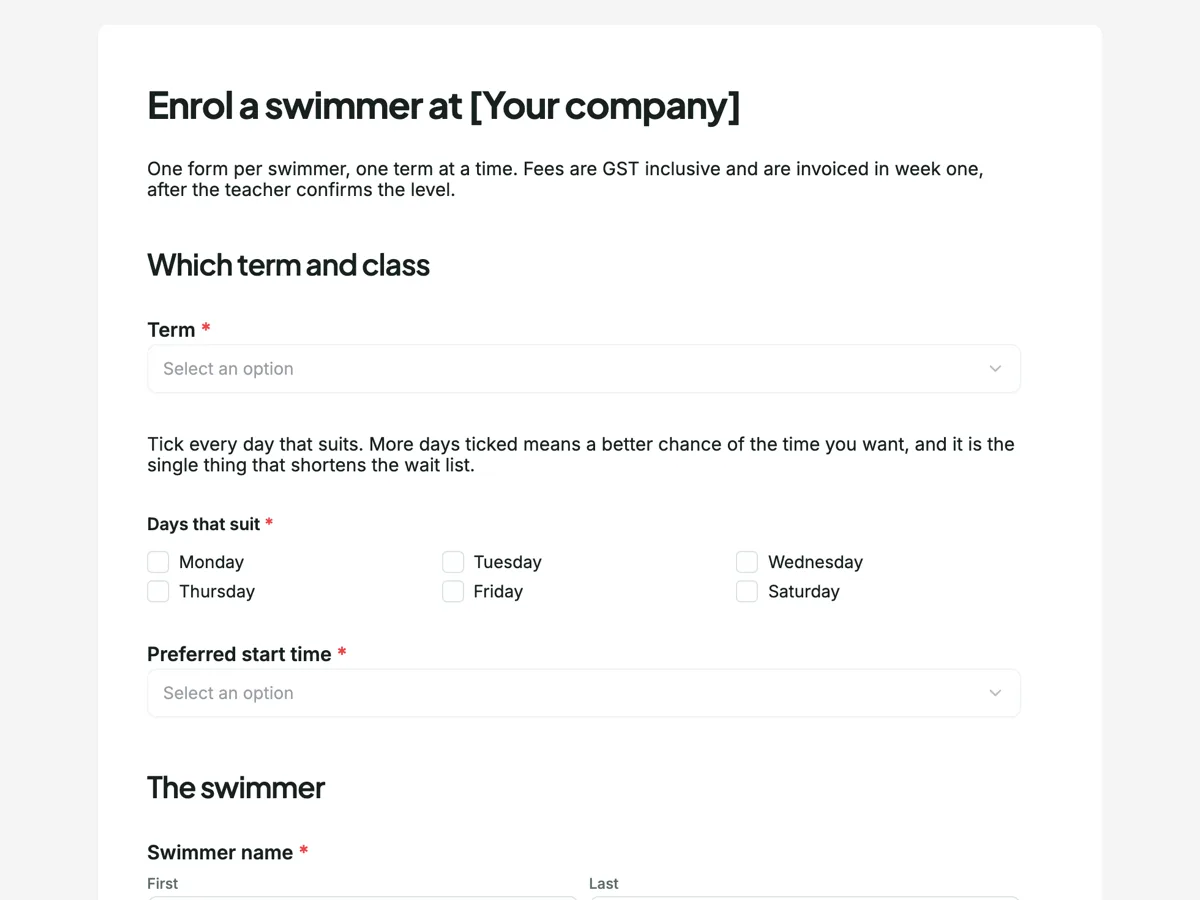 The Swim school enrolment template as a respondent sees it, top of the form