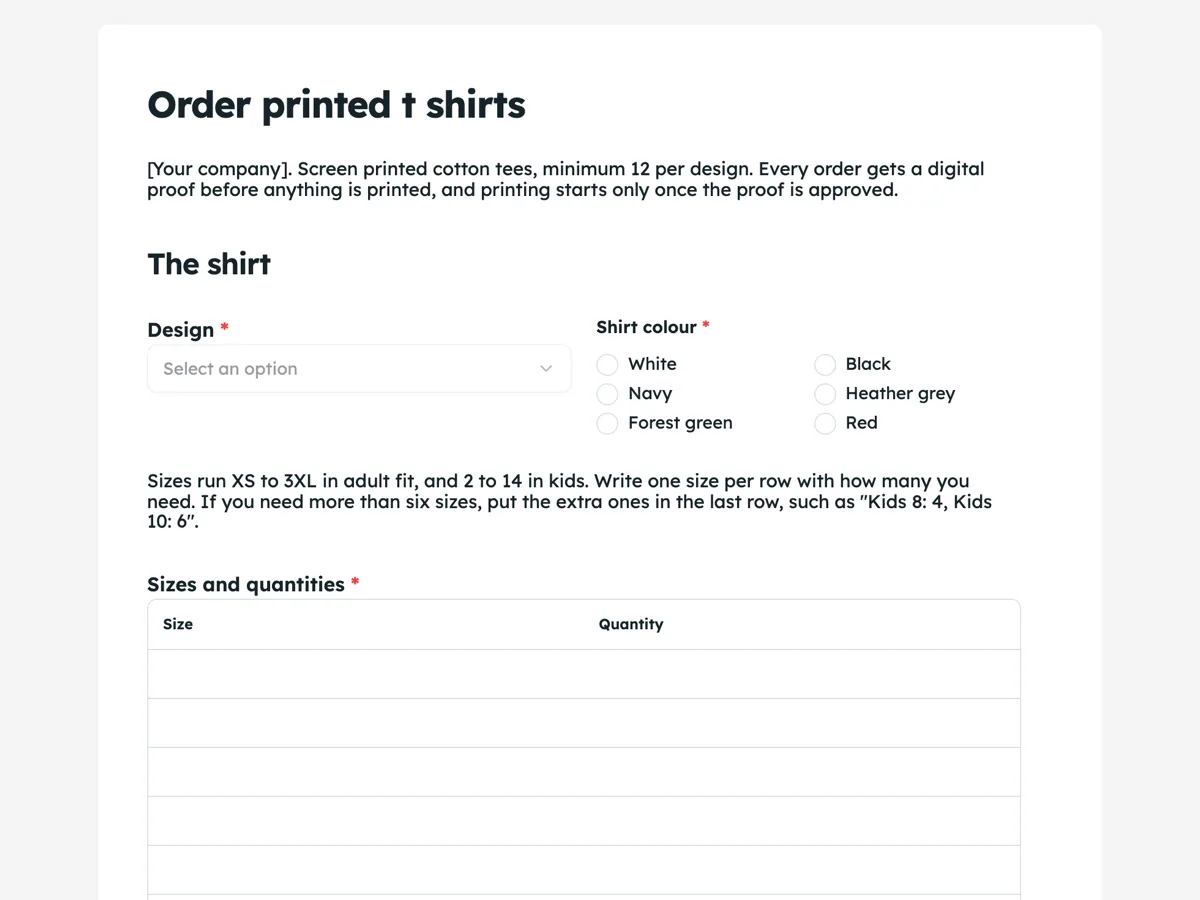 The T shirt order template as a respondent sees it, top of the form