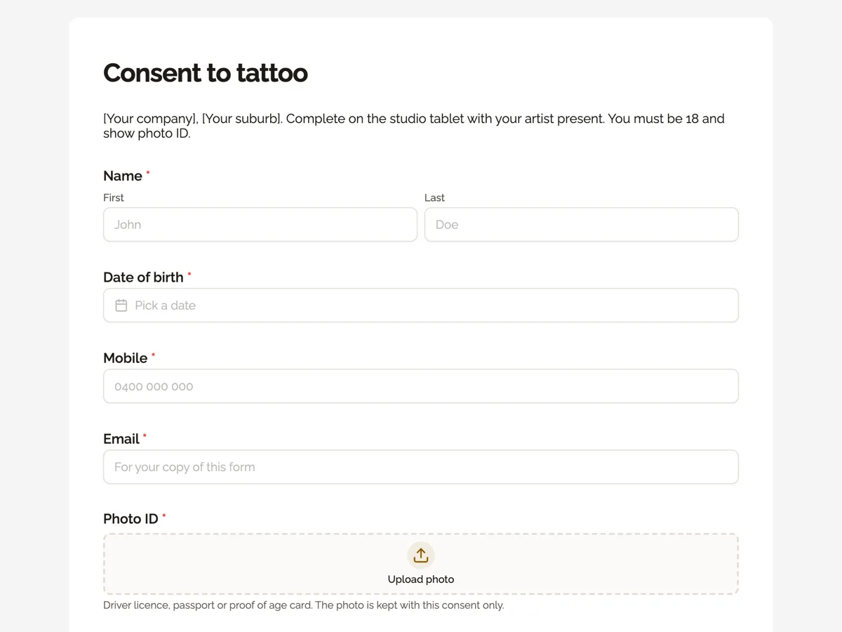 The Tattoo consent template as a respondent sees it, top of the form