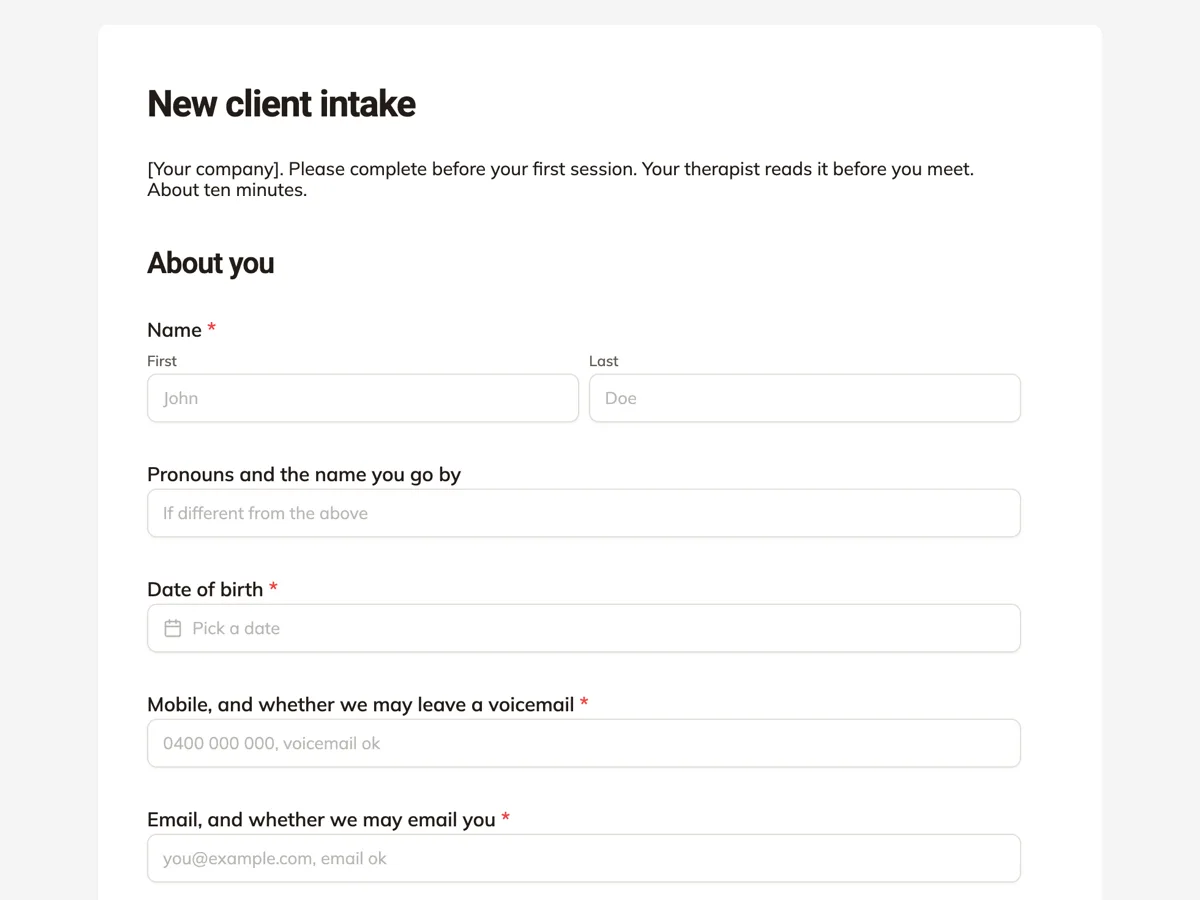 The Therapy intake template as a respondent sees it, top of the form
