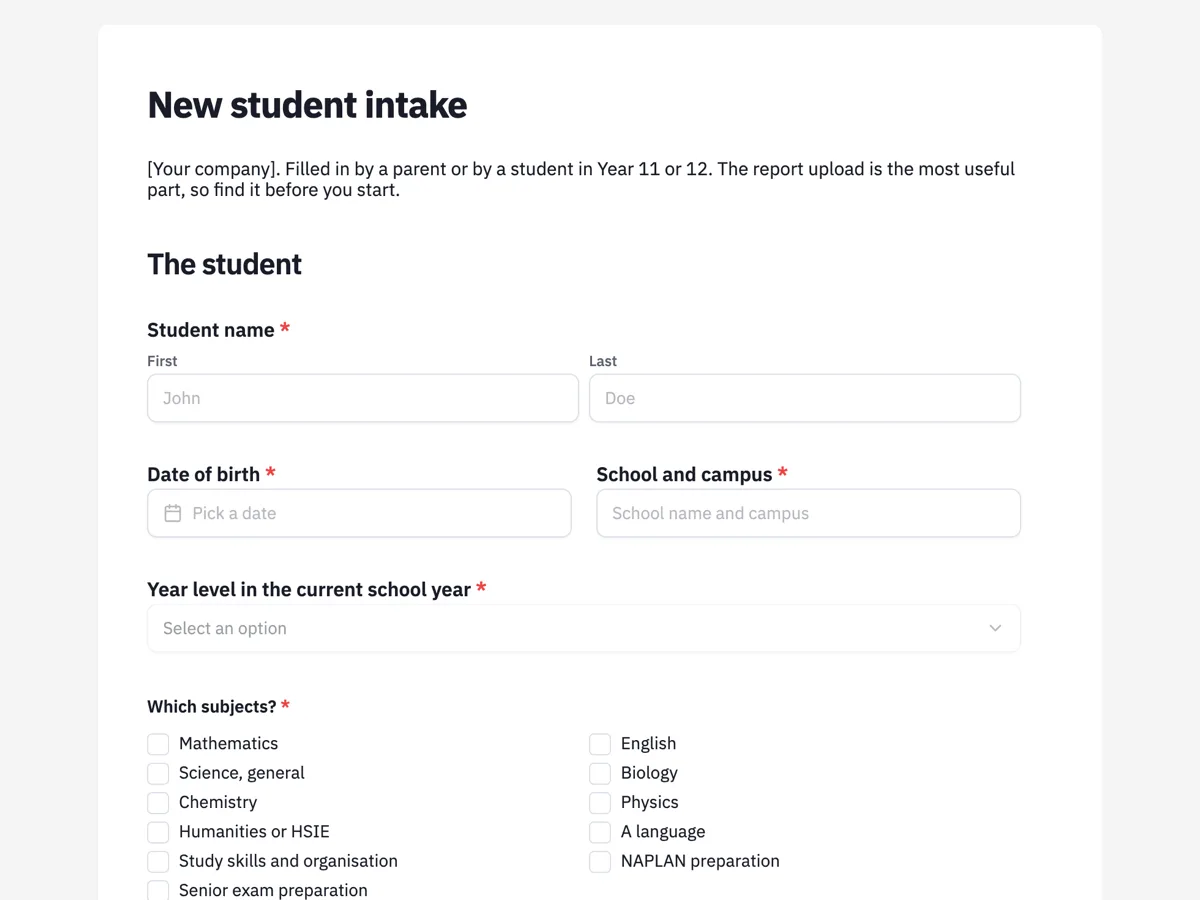 The Tutoring student intake template as a respondent sees it, top of the form