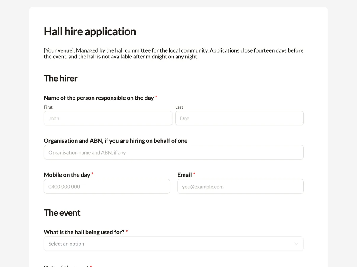 The Venue hire application template as a respondent sees it, top of the form