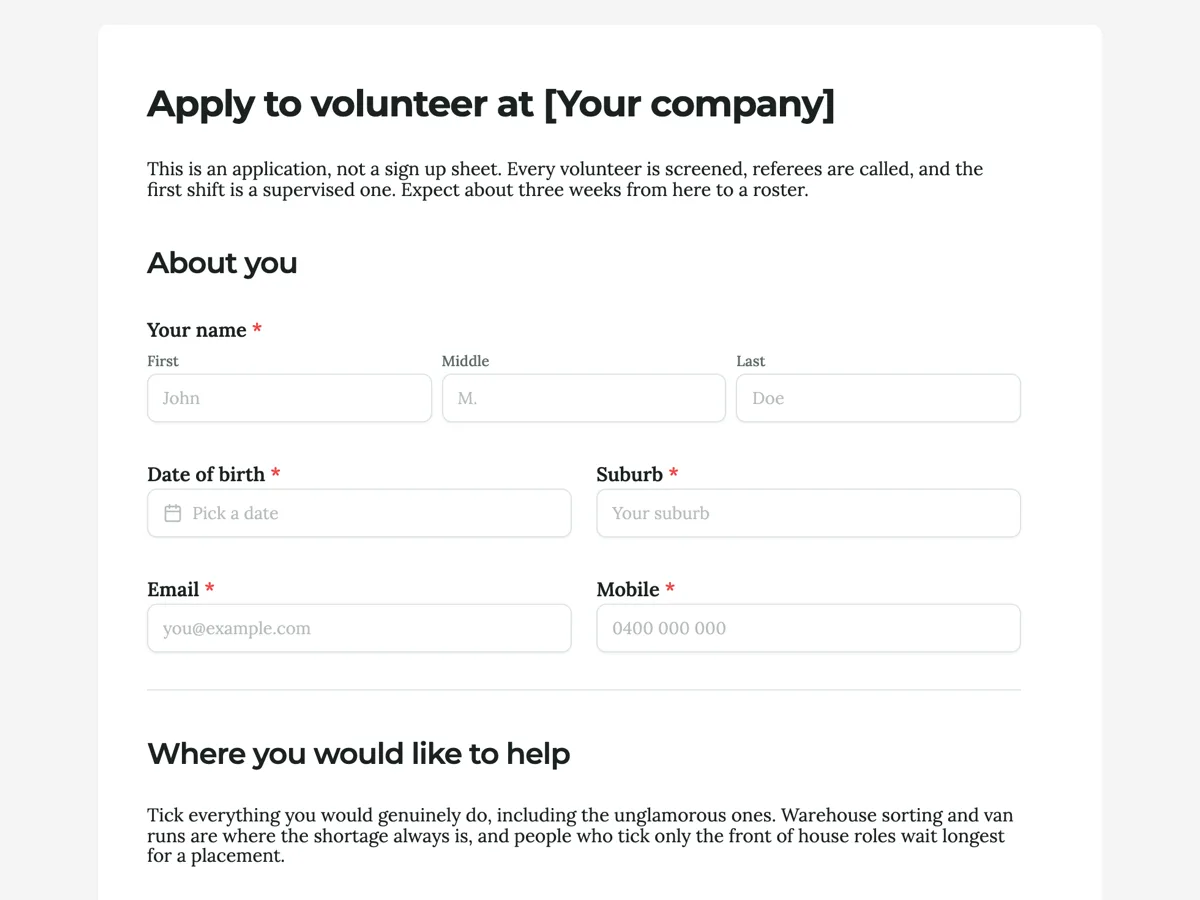 The Volunteer application template as a respondent sees it, top of the form