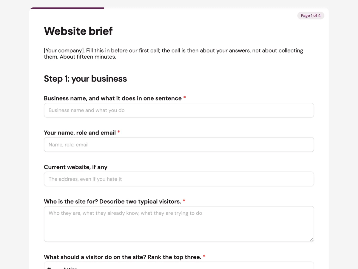 The Website brief template as a respondent sees it, top of the form
