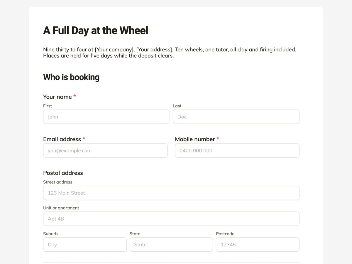 The Workshop registration template as a respondent sees it, top of the form