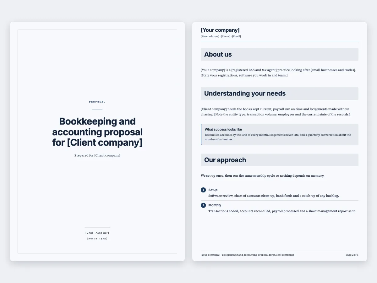 The Bookkeeping and accounting proposal template: the cover and the first content page