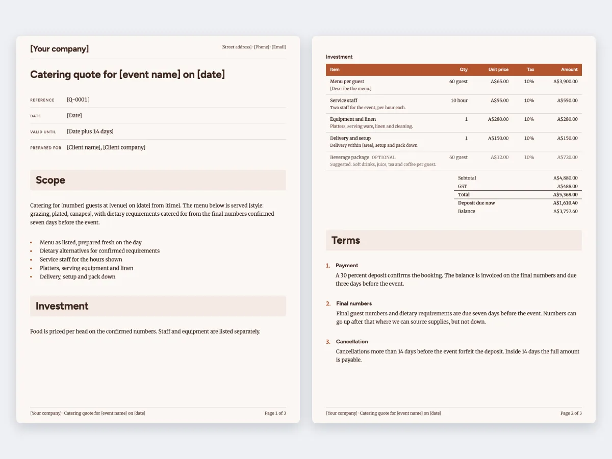 The Catering quote template: the first page and the page with the pricing table