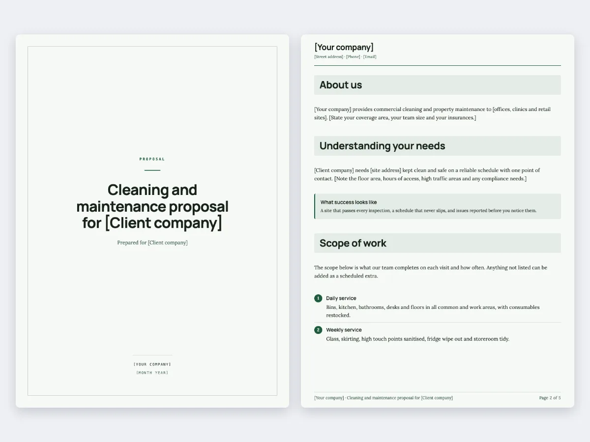 The Cleaning and maintenance contract proposal template: the cover and the first content page