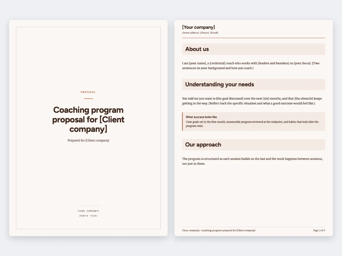 The Coaching package proposal template: the cover and the first content page
