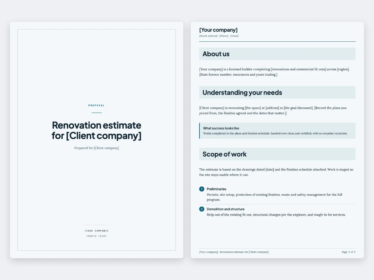 The Construction and renovation estimate template: the cover and the first content page