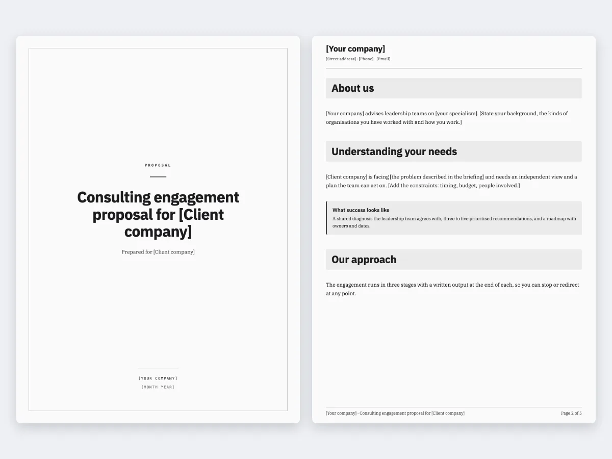 The Consulting engagement proposal template: the cover and the first content page