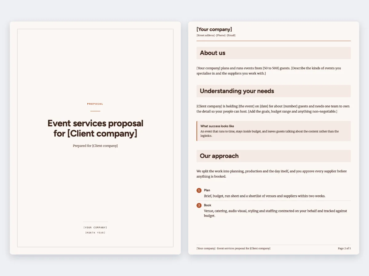 The Event services proposal template: the cover and the first content page