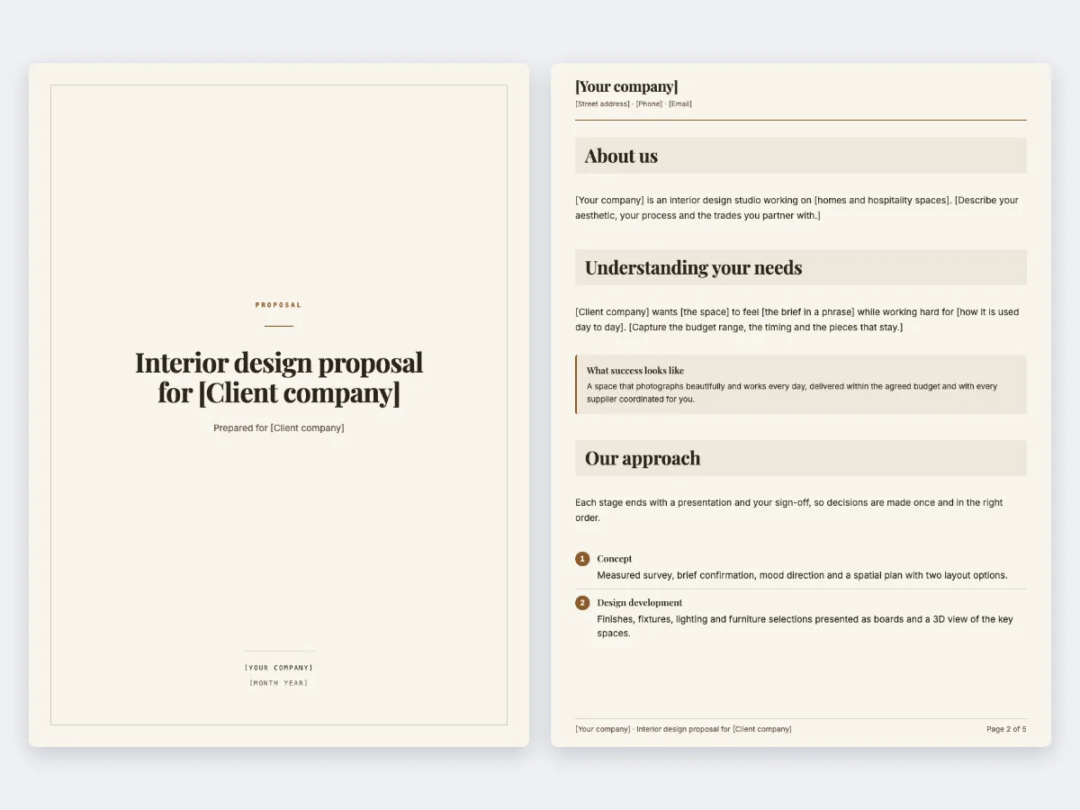 The Interior design proposal template: the cover and the first content page