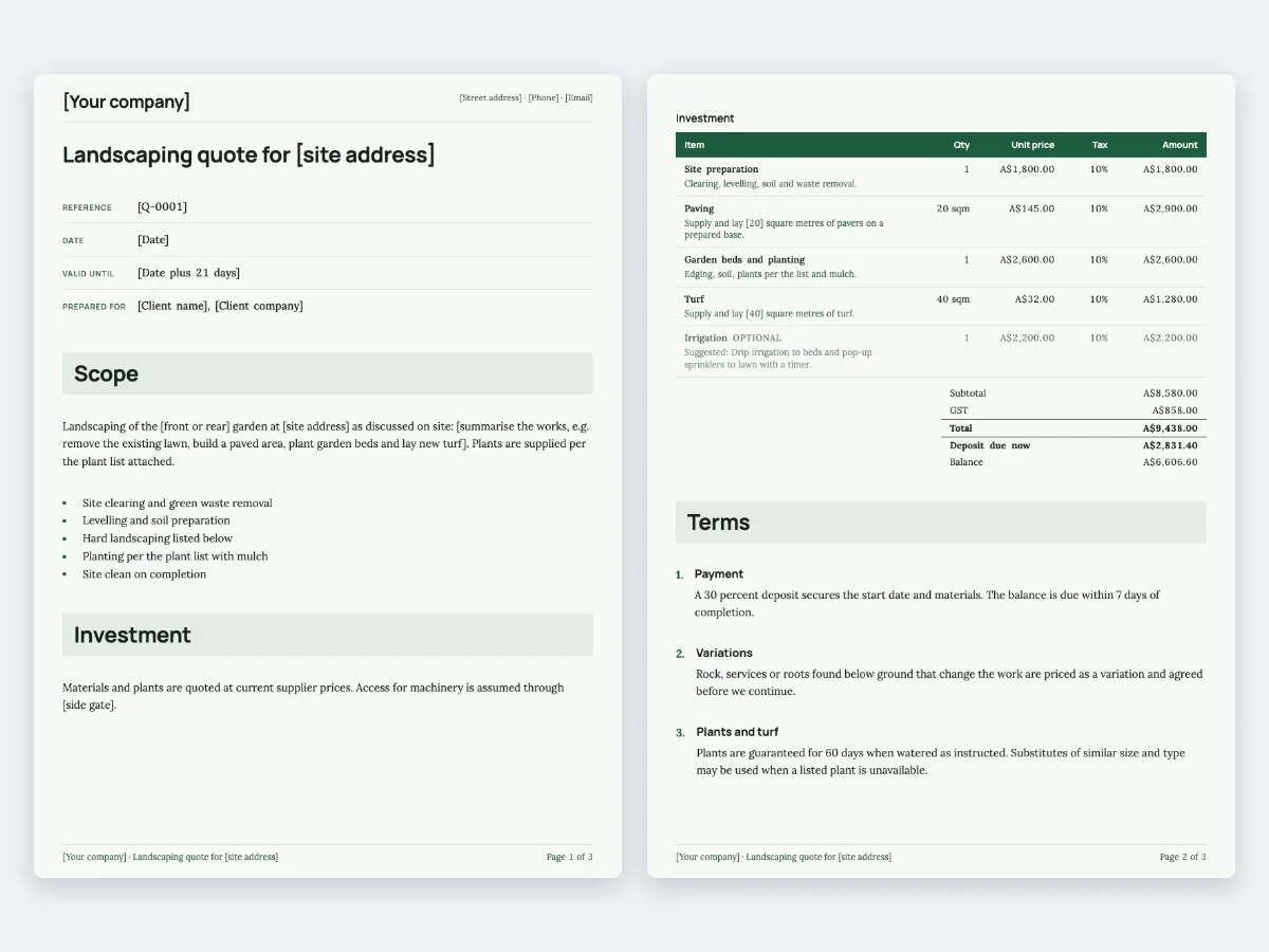 The Landscaping quote template: the first page and the page with the pricing table