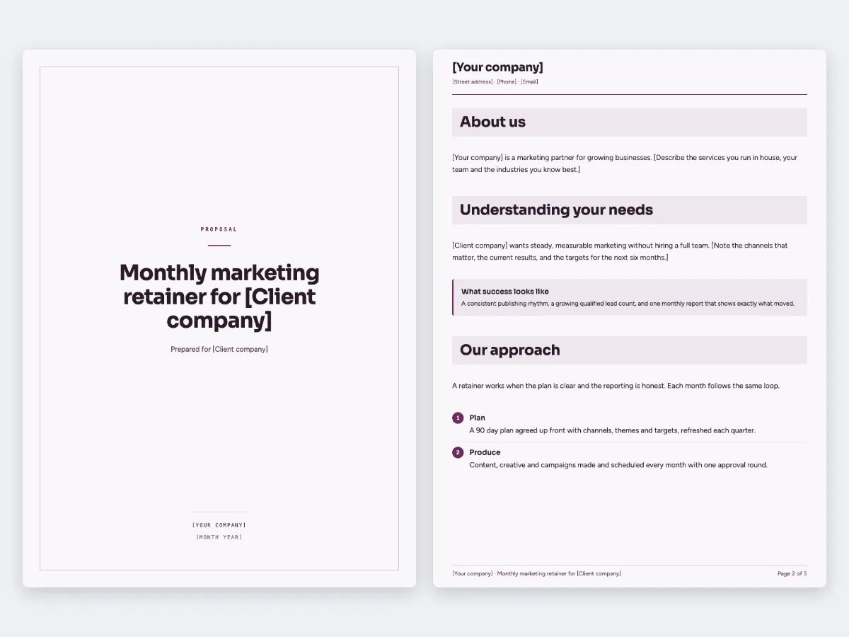 The Marketing retainer proposal template: the cover and the first content page