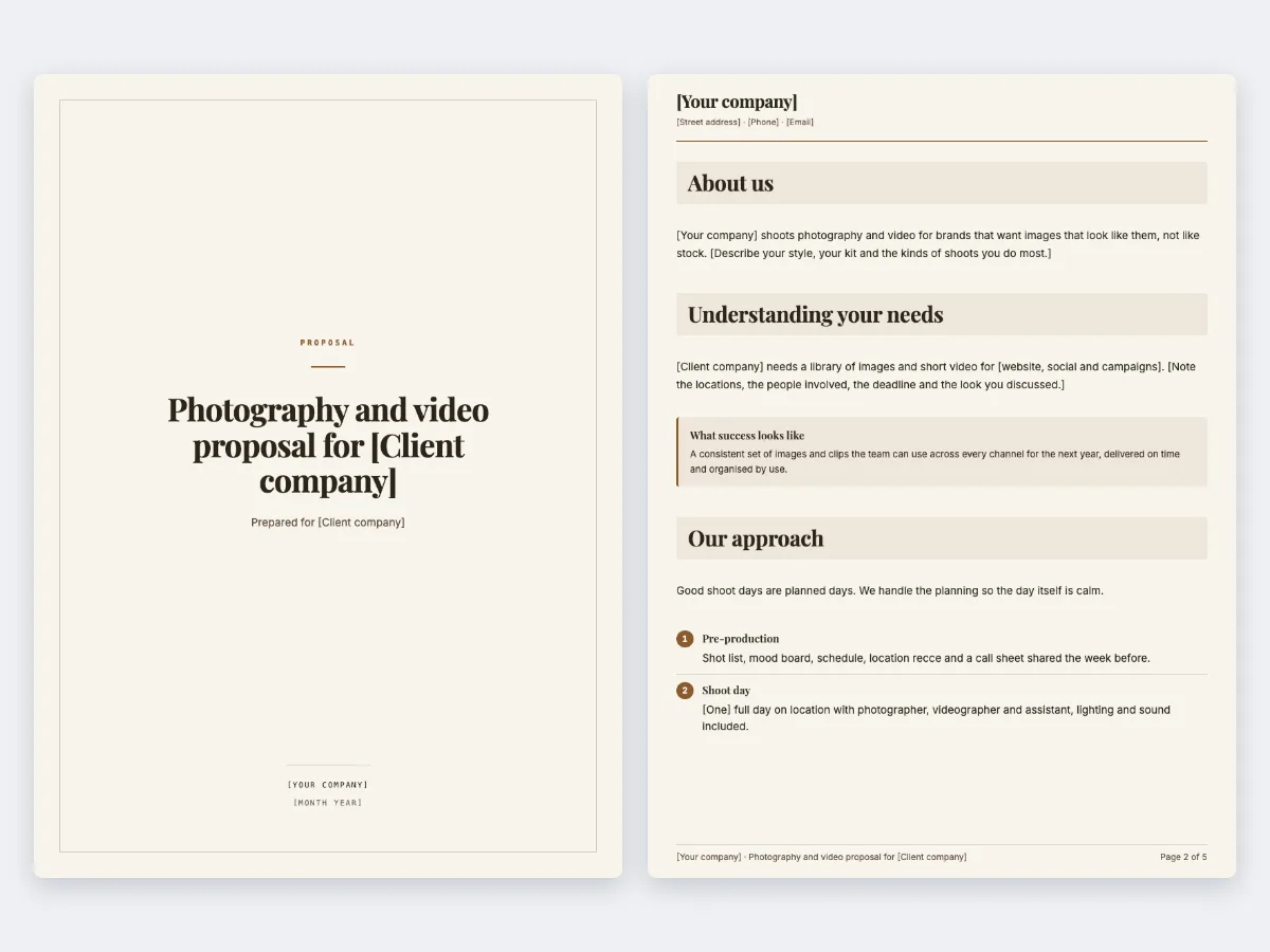 The Photography and video shoot proposal template: the cover and the first content page