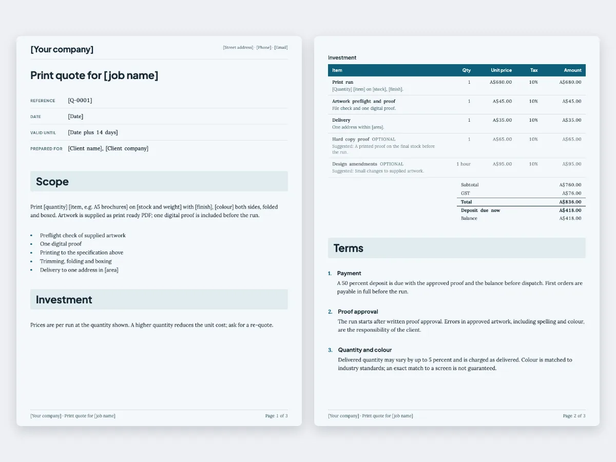 The Printing quote template: the first page and the page with the pricing table